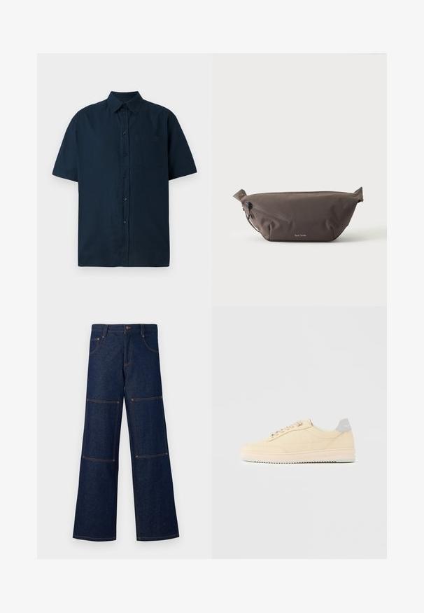 Kurzärmliges, knöpfbares Hemd in Dunkelblau, aus strukturiertem Baumwollstoff, mit einer einzelnen Brusttasche und fünf Knöpfen auf der Vorderseite.; Dunkelblaue Denim-Hosen mit weit geschnittenem Bein und kontrastierender orangefarbener Naht, die große aufgesetzte Taschen an jedem Bein und einen Knopfverschluss an der Taille aufweisen.; Beiger Sneaker in niedrigem Design mit Schnürverschluss vorne, hellrosa Sohle und grauem Fersenlasche mit der Marke "Filling Pieces", seitlich auf neutralem Hintergrund gezeigt.; Dunkelbraune Stoff-Gürteltasche mit diagonalem Reißverschlussfach und kleinem weißen Logo vorne, vor einem einfarbigen hellen Hintergrund.