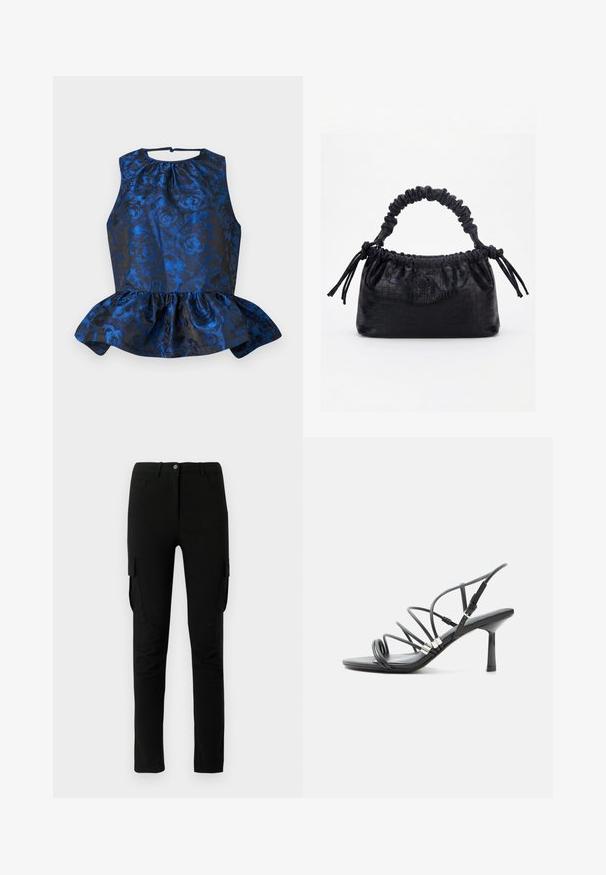 Blaues florales Jacquard-Top mit plissiertem Peplum-Saum, ärmellosem Design, rundem Ausschnitt und Knopfverschluss am Rücken.; Schwarze Cargo-Hosen mit slim Fit, ausgestattet mit seitlichen Taschen, einem Knopfverschluss und einem glatten, leicht strukturierten Stoff.; Schwarze High-Heel-Sandale mit dünnen, geschwungenen Riemen, silbernen Akzenten und verstellbarer Knöchelschnalle auf weißem Hintergrund.; Schwarze Handtasche mit Krokodilstruktur, gerafftem oberen Rand, zusammengezogenem Griff und Zugkordeln mit Quasten an jeder Seite vor weißem Hintergrund.