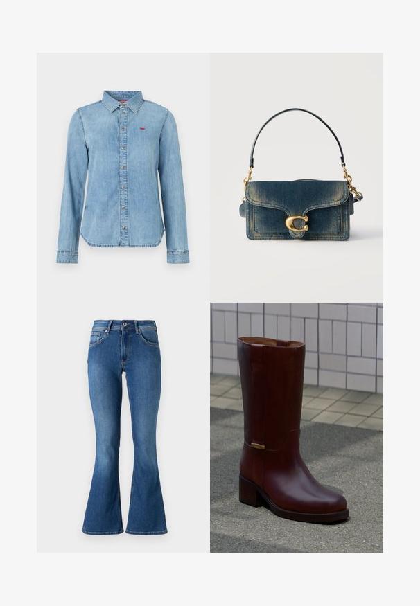 Lyseblå denimskjorte med spidst krave, knaplukning foran og en lille rød logo på brystet. Lange ærmer med knapmanchetter.; Bredde blå denim jeans med en mellemhøj talje, der har fem lommer, en knaplukning og diskret falmning langs benene.; Høj mørkebrun læderstøvle med lav blokhæl, set stående på en belagt udendørs overflade nær flisebelagte vægge.; Rektangulær blå denim håndtaske med en buet klap, guldfarvet "C" lås og aftagelig sort rem med gyldent beslag.