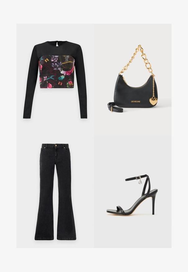 Sort langærmet cropped top med et farverigt blomster- og sommerfuglemotiv på fronten, en nøglehulshals og logoaccent.; Sorte flared denim jeans med fem lommer, en frontlukning med knap og kontrastsyninger. Stoffet har en glat tekstur.; Sort hæl-sandal med smal ankrem, firkantet tå-boks, glat lædermateriale og metalspænde som pynt.; Sort Moschino håndtaske med chunky guldkæde som håndtag, skulderrem og gyldt hjertevedhæng mod en hvid baggrund.