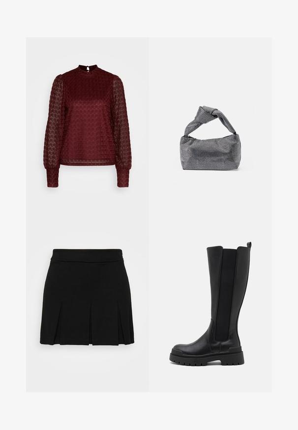 ONLY ONLNICE HIGHNECK - Bluse - maroon banner; Even&Odd Minirock - black; Even&Odd Plateaustiefel - black; Schwarz-silberne Handtasche mit einer strukturierten Oberfläche, die ein Diamantmuster aufweist, einem geknoteten Griff und einer strukturierten Form.
