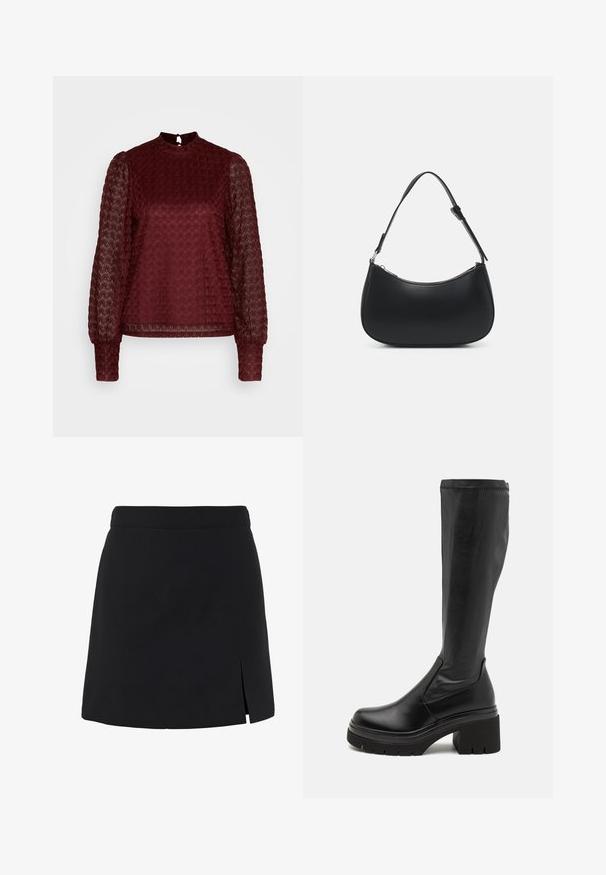 ONLY ONLNICE HIGHNECK - Blusa - maroon banner; Minifalda negra línea A con cintura alta y una pequeña abertura en el lado delantero derecho.; RAID RIMISHA - Botas con plataforma - black; Pieces PCALUANA SHOULDER BAG - Bolso de mano - black