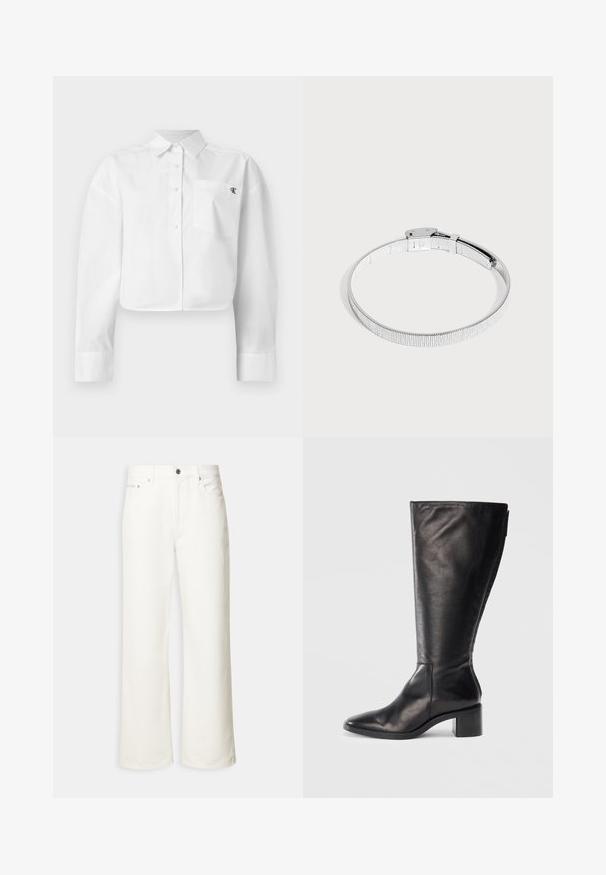 Wit cropped overhemd met lange mouwen, knoopsluiting, puntige kraag en borstzak met klein zwart "ck"-logo.; Witte jeans met wijde pijpen, voorste knoopsluiting, riemlussen en een ontwerp met vijf zakken.; Zwarte leren kniehoog laars met een vierkante neus, blokhak en slank ontwerp. Gladde textuur met een zijrits voor gemakkelijke instap.; Zilverkleurige roestvrijstalen mesh horlogeband met gesp, weergegeven in een cirkelvorm op een lichte achtergrond.