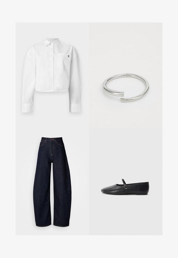 Wit cropped overhemd met lange mouwen, knoopsluiting, puntige kraag en borstzak met klein zwart "ck"-logo.; Donkerblauwe wijde jeans van denim, met een hoge taille, rechte snit, vijf zakken en contrasterende stiksels.; Zwarte leren balletschoenen met een spitse neus, platte zool en een kleine strap met een zilveren gespsluiting.; Calvin Klein SPIRAL - Armband - silver-coloured