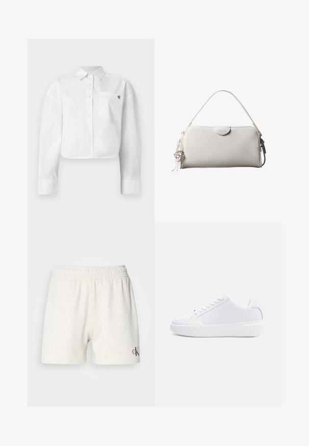 Wit cropped overhemd met lange mouwen, knoopsluiting, puntige kraag en borstzak met klein zwart "ck"-logo.; Lichtgrijze katoenen shorts met een elastische tailleband, met een zachte textuur en een klein zwart logo-accent aan de onderzijde rechts.; Witte lage sneaker met vetersluiting, dikke zool en glad bovenwerk, gezien vanaf de buitenkant tegen een effen lichte achtergrond.; Witte rechthoekige Calvin Klein handtas met enkele handgreep, minimalistisch ontwerp en decoratieve kwastjes met geometrische metalen hanger aan de zijkant.