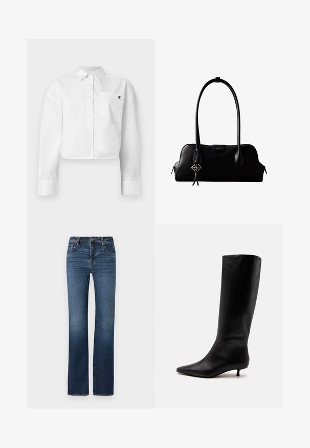 Wit cropped overhemd met lange mouwen, knoopsluiting, puntige kraag en borstzak met klein zwart "ck"-logo.; Donkerblauwe denim jeans met een rechte pijpdesign, hoge taille, subtiele vervaging, vijf zakken en metalen knoopsluiting.; Zwarte leren kniehoge laars met puntige neus en lage kittenhak tegen een effen lichte achtergrond.; Zwarte leren Calvin Klein handtas met lange hengsels, een logo-label aan de voorkant en een zilverkleurige geometrische hanger die aan één hengsel hangt.