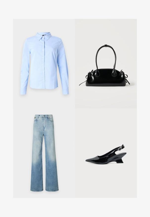 Lichtblauw overhemd met lange mouwen, subtiele witte krijtstrepen en een spitse kraag, weergegeven op een effen achtergrond.; Lichtblauwe wijde jeans van denim, met een hoge taille, vijf zakken en subtiele vervaging langs de benen.; Zwarte lakleren slingback schoen met spitse neus en lage schuine blokhak op een effen lichte achtergrond.; Kleine zwarte glanzende handtas met twee lange hengsels en zijkant trekkoord details op een effen lichte achtergrond.