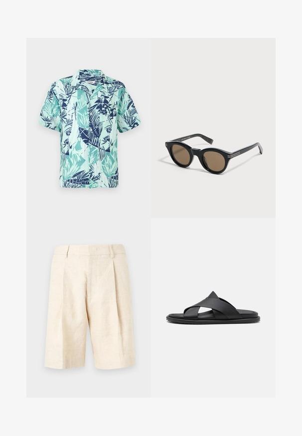 Chemise à manches courtes avec boutons, motif abstrait de feuilles et fleurs tropicales en sarcelle, menthe et marine sur fond clair.; Short en lin beige avec taille haute, plis avant, passants de ceinture et coupe droite longueur genoux.; Stuart Weitzman BERKLEY - Mules - black; Lunettes de soleil rondes noires avec des montures épaisses et des verres marron, posées sur une surface blanche légèrement inclinée vers la droite.
