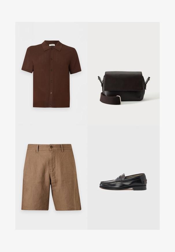 Chemise marron à manches courtes avec boutons, motif texturé et col classique, présentée sur un fond clair uni.; Short marron décontracté longueur genou avec passants de ceinture, fermeture par bouton et poches avant, en tissu texturé.; Mocassins en cuir noir avec un design de style mocassin, présentant une bande décorative et un détail de couture sur le dessus. Talon bloc bas.; Sac bandoulière en cuir marron foncé avec fermeture à rabat et sangle en tissu réglable sur fond blanc.