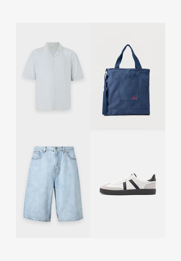 Chemise à manches courtes avec boutons, en rayures bleu clair et blanches. Dotée d'un col classique et d'une coupe décontractée, fabriquée dans un tissu léger.; Shorts en denim bleu clair avec une coupe décontractée, dotés de deux poches avant, d'un zip et de coutures apparentes.; Baskets blanches avec des accents noirs et gris, présentant un embout texturé gris, une semelle en caoutchouc noir et des lacets plats blancs. Design épuré, style minimaliste.; Sac fourre-tout en toile bleue avec poche frontale et broderie rouge "O.N.S", doté de doubles poignées et d'une bandoulière réglable.
