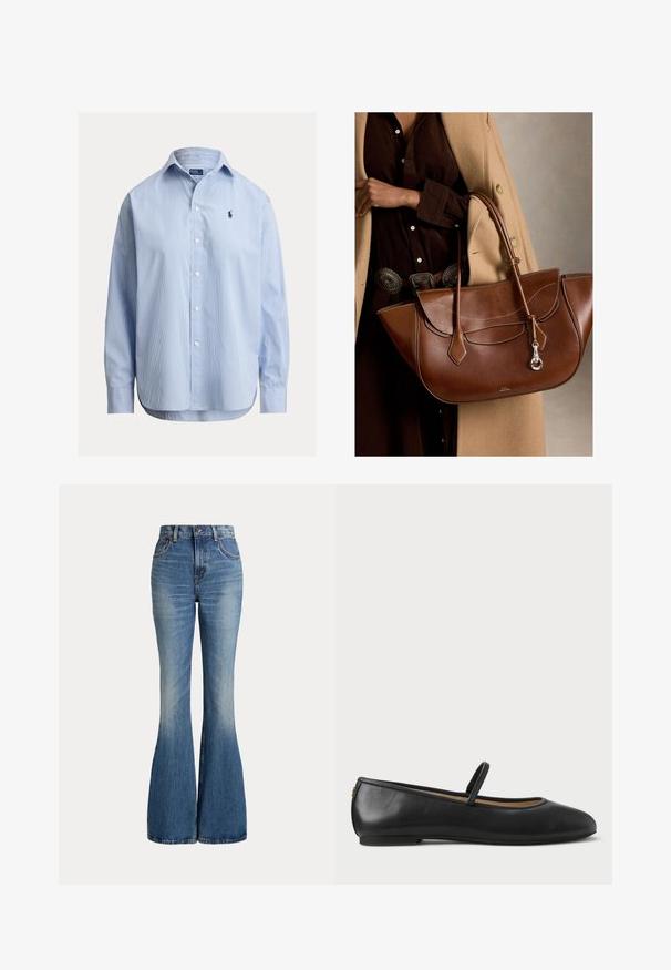 Chemise à manches longues rayée bleu et blanc, fermeture à boutons sur le devant, col, coupe régulière, avec un petit logo brodé sur la poitrine.; Jean en denim bleu taille haute avec jambes évasées et légère décoloration sur la partie avant des cuisses, présenté sur fond blanc.; Ballerines en cuir noir avec un bout arrondi, une fine bride sur le cou-de-pied et une semelle en caoutchouc plate. Texture lisse et détails minimalistes.; Personne portant une chemise marron et un manteau beige tenant un grand sac à main en cuir marron avec des poignées doubles et une fermeture argentée.