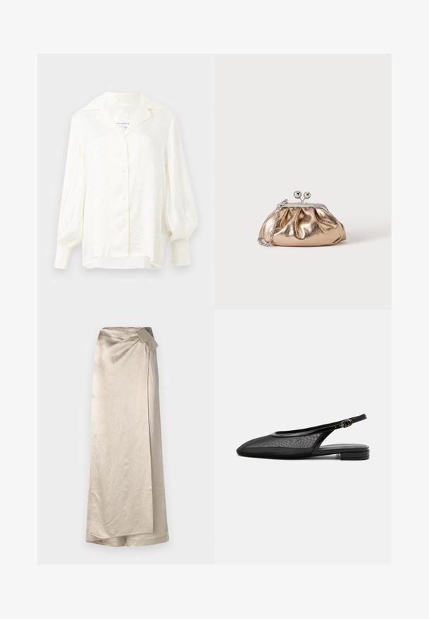 Blouse blanche avec un motif texturé, col oversized et manches bouffantes. Fermeture à boutons et poignets smockés. Tissu léger.; Jupe longue beige en tissu brillant et texturé. Elle présente un design enveloppant avec un accent en nœud sur le côté et un ourlet net.; Chaussure plate noire à bride arrière, bout pointu, tige en mesh, bride à boucle réglable et petit talon empilé sur fond blanc.; Petit sac pochette métallique dorée avec fermoir argenté et chaîne sur un fond clair uni.