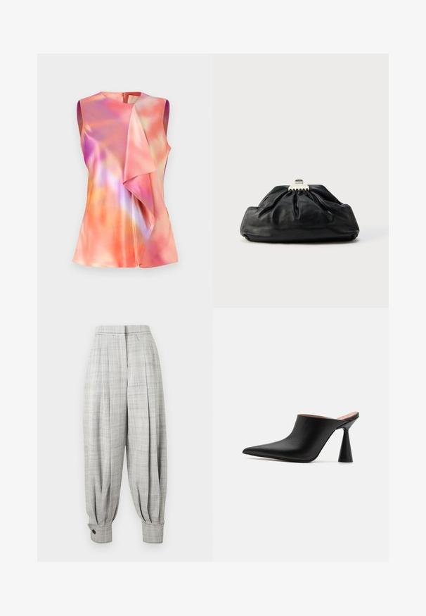 Débardeur en satin, orné d'un motif abstrait coloré dans des tons de rose, d'orange et de violet, avec un design drapé à l'avant.; Pantalon taille haute gris clair, coupe fuselée, motif écossais subtil, devant plissé et poignets à boutons à la cheville.; Mules en cuir noir avec un bout pointu et un talon conique unique. Texture lisse et design minimaliste, à dos ouvert pour un enfilage facile.; Pochette en cuir noir avec une texture plissée, fermeture à fermoir métallique, et logo embossé discret sur le devant. Forme arrondie.