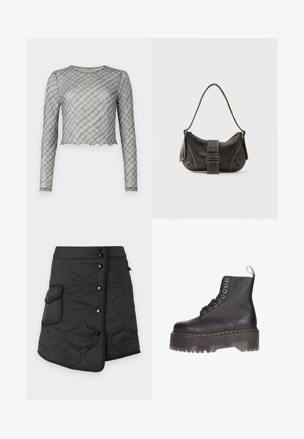 Langærmet, cropped top i gennemsigtig grå med let skrå striber. Har rund halsudskæring og bølget afslutning. Blød tekstur, tætsiddende form.; Sort kviltet nederdel med en asymmetrisk kant, der har fem mørke knapper og en sidelomme med rund flapdetalje.; Sort læder ankelstøvle med seks-øjet snørering, gul syning og en gennemsigtig platformsål med en takket kant.; Sort læder skuldertaske med spænde på remmen, afrundede kanter og kontrasterende hvide syninger på en ensfarvet baggrund.