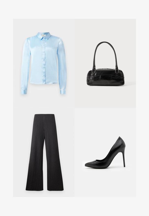 Chemise bleu clair à manches longues en satin, avec un col, une rangée de boutons sur le devant et des poignets ajustés.; Pantalons à jambes larges en tissu noir avec des rayures blanches. Présentent une taille haute et une texture lisse. Aucune embellissement visible.; Escarpin noir en cuir avec un bout pointu et une texture lisse. Dispose d'un talon aiguille fin et d'un décolleté bas.; Sac à main en cuir noir de forme rectangulaire, doté d'une seule ansse structurée, de quincaillerie argentée et d'une fermeture éclair. Texture lisse.