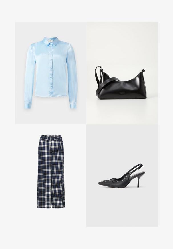 Lichtblauw, lang mouw overhemd met knopen, gemaakt van satijnen stof met een kraag, enkele knopen aan de voorkant en aansluitende manchetten.; Wijd uitlopende broek in een navyblauw ruitpatroon met witte en zwarte lijnen. Beschikt over een elastische tailleband en een zachte stofstructuur.; Zwarte leren slingback stiletto met spitse neus, zijgesp met gesp, studs langs de rand en decoratieve veters aan de voorkant.; Zwarte leren handtas met een gladde textuur. Beschikt over een verstelbare schouderband en een strak, minimalistisch ontwerp met een ritssluiting.