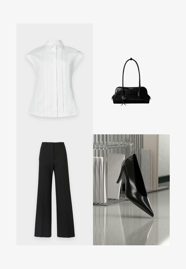 Blouse blanche avec un col structuré, des manches courtes style casquette et des plis à l'avant. Confectionnée en tissu lisse, elle présente un bouton unique au col.; Pantalons black à jambes larges avec un design sur mesure, présentant une texture lisse et de subtils plis à l'avant. Pas de garnitures ou de motifs visibles.; Chaussure noire à talon haut avec bout pointu et logo doré, posée sur une surface réfléchissante près d'un organiseur de dossiers en fil chromé contenant des documents.; Sac à épaule en cuir noir à texture crocodile, avec de longues sangles et un petit charm logo argenté sur une sangle.