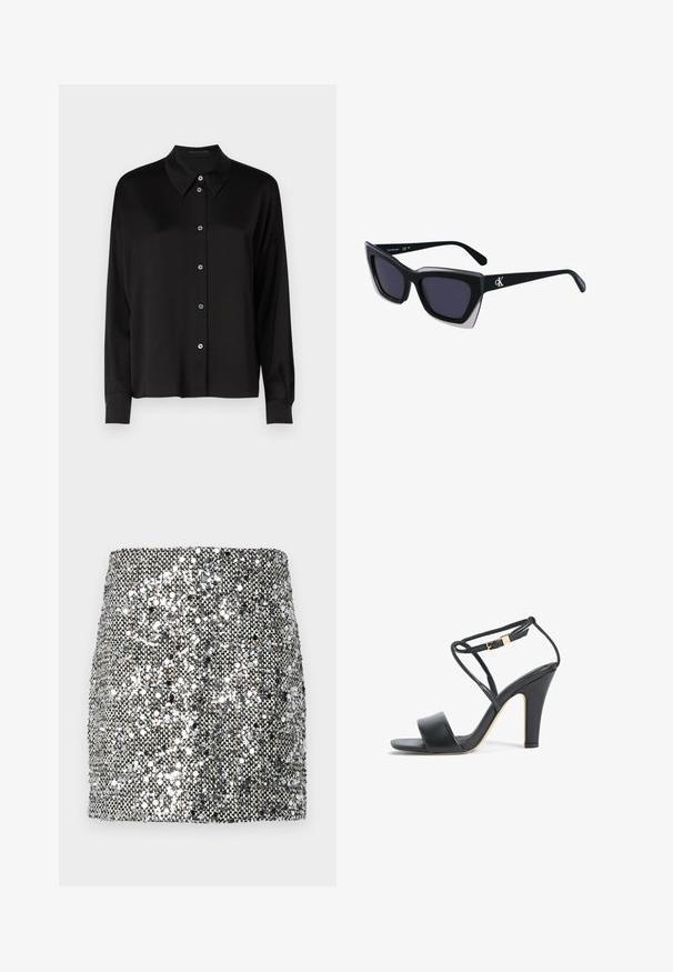 Camisa negra de manga larga con cuello clásico, que presenta un cierre frontal con botones azules y una tela suave y texturizada.; Mini falda de lentejuelas con un esquema de color metálico plateado y negro, superficie texturizada con lentejuelas reflectantes y un diseño ajustado.; Sandalia de tacón alto negra con tira fina en el tobillo, hebilla dorada, punta abierta y tacón ancho, vista lateral sobre fondo blanco.; Gafas de sol negras de gran tamaño con una forma geométrica, que presentan lentes oscuros y un detalle gris contrastante en la montura. Logo en la pata.