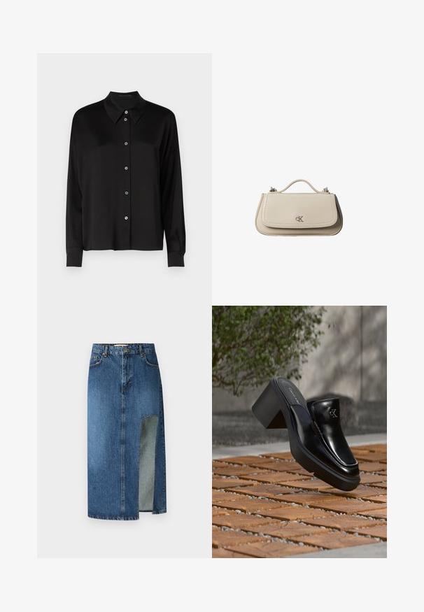 Sort langærmet skjorte med klassisk krave, der har en knaplukning foran med blå knapper og et glat, tekstureret stof.; Denimskørt i medium blå med lige snit og sidelæg. Har klassisk fem-lomme-design og bæltestropper, med synlige stikninger.; Sort læder Calvin Klein slip-on mule med blokhæl, der hviler på trætøj udendørs nær en grøn plante og en grå væg.; Lille beige læderhåndtaske med top håndtag og sølv CK-logo på frontklap, vist mod en hvid baggrund.