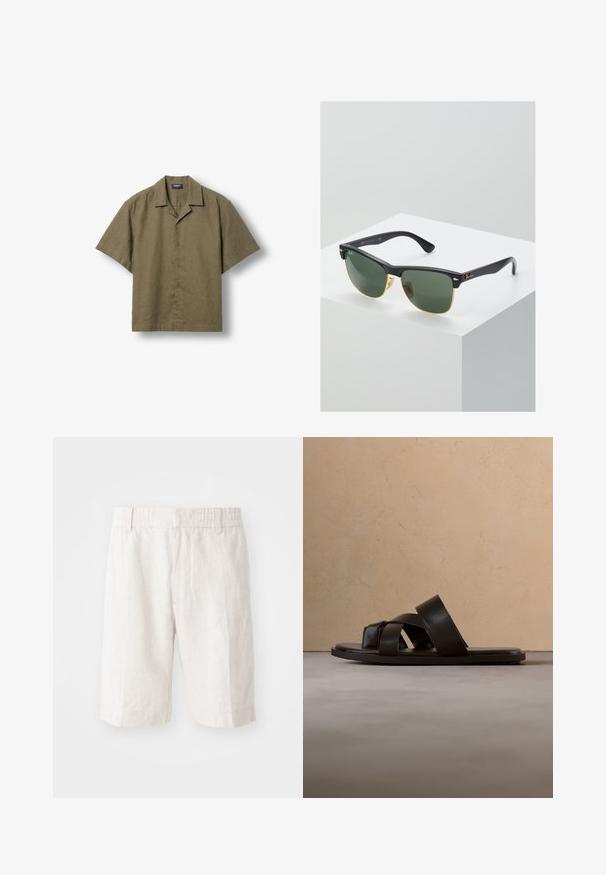 Olivengroen kortärmelig blouse met knopen en campkraag, plat neergelegd op een lichte achtergrond.; Linnen shorts in lichtbeige met een elastische tailleband, zijzakken en een rechte snit. Vlotte textuur met minimaal zichtbare stiksels.; Zwarte leren slip-on sandaal met drie gekruiste bandjes, platte zool en een gladde textuur, boven een geweven natuurlijk vezel tapijt.; Ray-Ban zonnebrillen met groene lenzen, zwarte plastic monturen en gouden accenten aan de randen. Vierkante vorm met een matte afwerking.