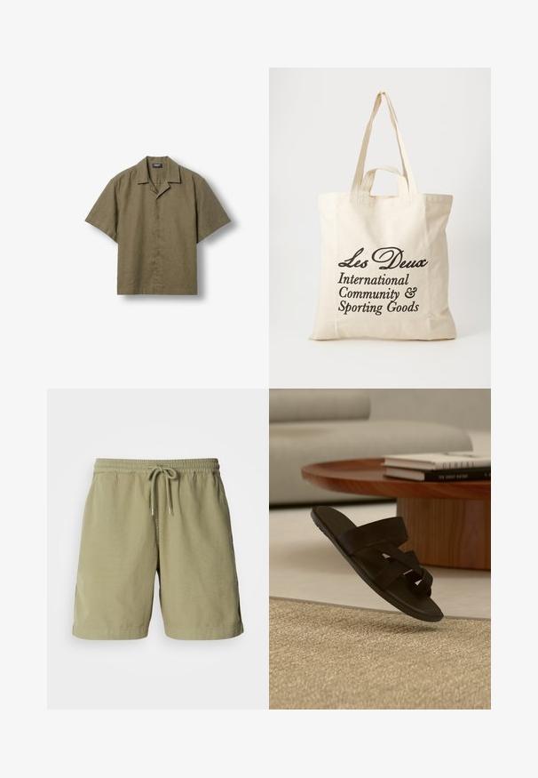 Olivengroen kortärmelig blouse met knopen en campkraag, plat neergelegd op een lichte achtergrond.; Olijfgroene shorts, gemaakt van katoen, met een elastische tailleband en trekkoord, voorzien van zijzakken en een rechte snit. Soepele textuur.; Zwarte open-toe slide-sandaal met gekruiste bandjes zwevend boven een beige gestructureerd tapijt in een moderne woonkamer.; Beige katoenen tote bag met twee stevige handvatten. Beschikt over zwarte bedrukte tekst: "Les Deux International Community & Sporting Goods."