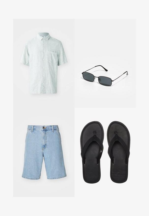 Camisa de manga corta con cuello en un suave verde menta, confeccionada en una tela texturizada. Presenta un único bolsillo en el pecho y botones blancos.; Shorts de mezclilla azul claro con un corte relajado, que cuentan con cremallera, cierre de botón y cuatro bolsillos. La tela tiene una textura suave.; Chanclas negras hechas de material suave, con una tira estilo thong, planta texturizada y logo en relieve en la suela.; Gafas de sol rectangulares negras con marco delgado de metal y lentes oscuros apoyadas sobre una superficie blanca.