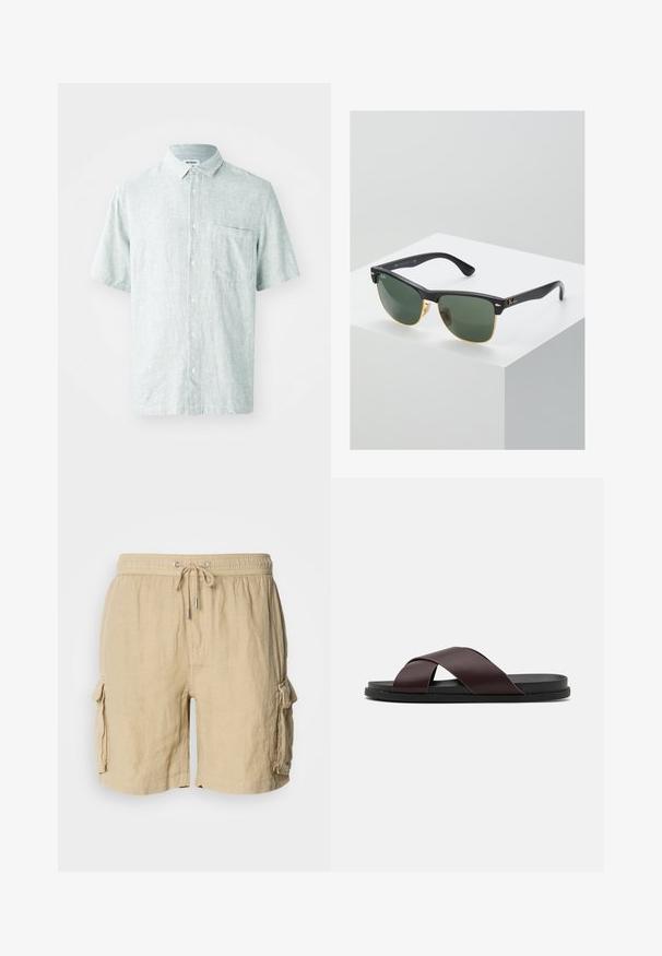 Chemise à col à manches courtes de couleur vert menthe clair, fabriquée en tissu texturé. Comprend une poche poitrine et des boutons blancs.; Shorts cargo beiges en tissu léger avec une taille élastique et un cordon de serrage. Comprend deux poches latérales et une finition texturée.; Sandale à glissière à lanières croisées de couleur marron, dotée d'une finition mate, d'une semelle noire plate et d'une texture lisse. Design minimaliste sans matériel visible.; Lunettes de soleil Ray-Ban avec des verres verts, monture en plastique noir et accents dorés sur les bords. Forme carrée avec une finition mate.