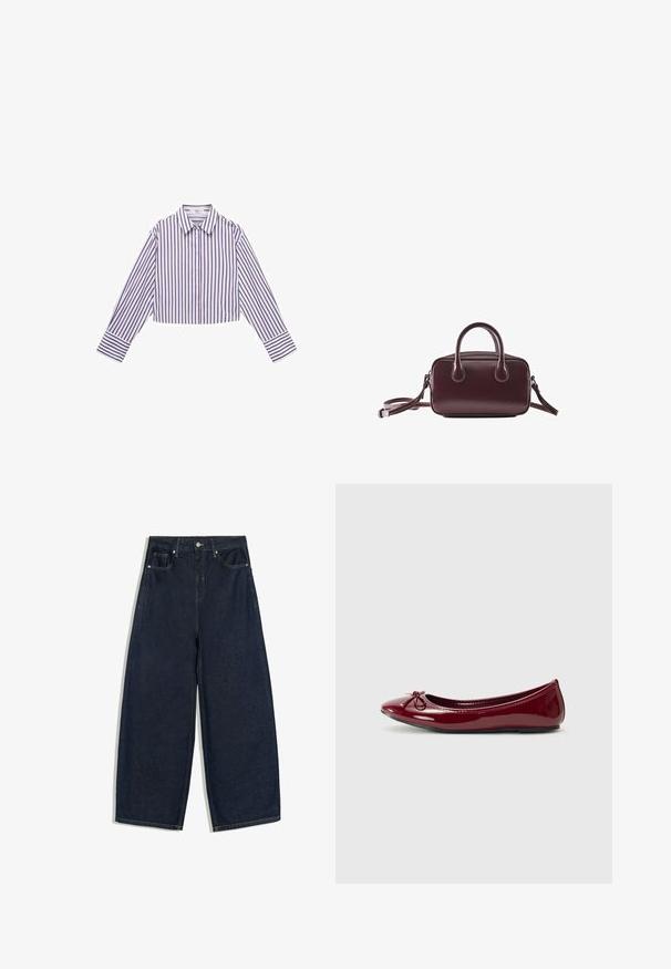 Abgeschnittenes Shirt mit vertikalen lila und weißen Streifen, klassischem Kragen und langen Ärmeln, abgeschlossen mit breiten Manschetten.; Dunkelblaue Jeans mit weitem Bein, vorn mit Knopf und Taschen, flach auf weißem Hintergrund liegend dargestellt.; Balletschuh aus glänzendem burgunderfarbenem Lackleder, mit runder Zehe und kleinem Schleifendetail an der Vorderseite. Glatte Textur, niedriger Absatz.; Kleine dunkelbraune Ledertasche mit doppelten Griffen und abnehmbarem Schulterriemen auf weißem Hintergrund.