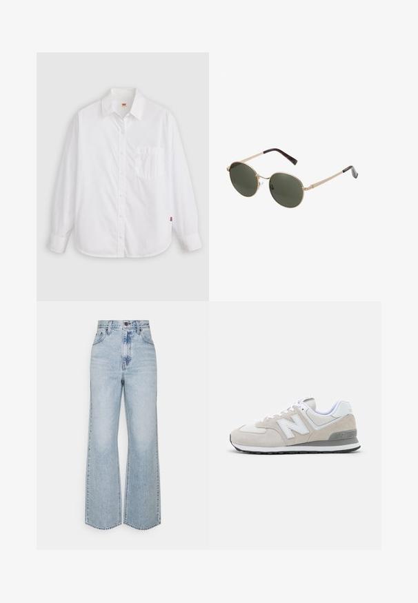 Camisa blanca de manga larga con botones, cuello y bolsillo en el pecho izquierdo, mostrada plana sobre un fondo claro.; Jeans anchos de mezclilla de un azul claro con una cintura alta, diseño clásico de cinco bolsillos y costuras en contraste. Detalle de dobladillo sin terminar en la parte inferior.; Zapatillas de color beige claro que combinan materiales de ante y malla. El diseño incluye un logotipo blanco prominente y acentos grises. Suela de goma.; Gafas de sol redondas con montura metálica dorada y lentes verde oscuro. Las varillas presentan un diseño de carey para añadir un detalle extra.