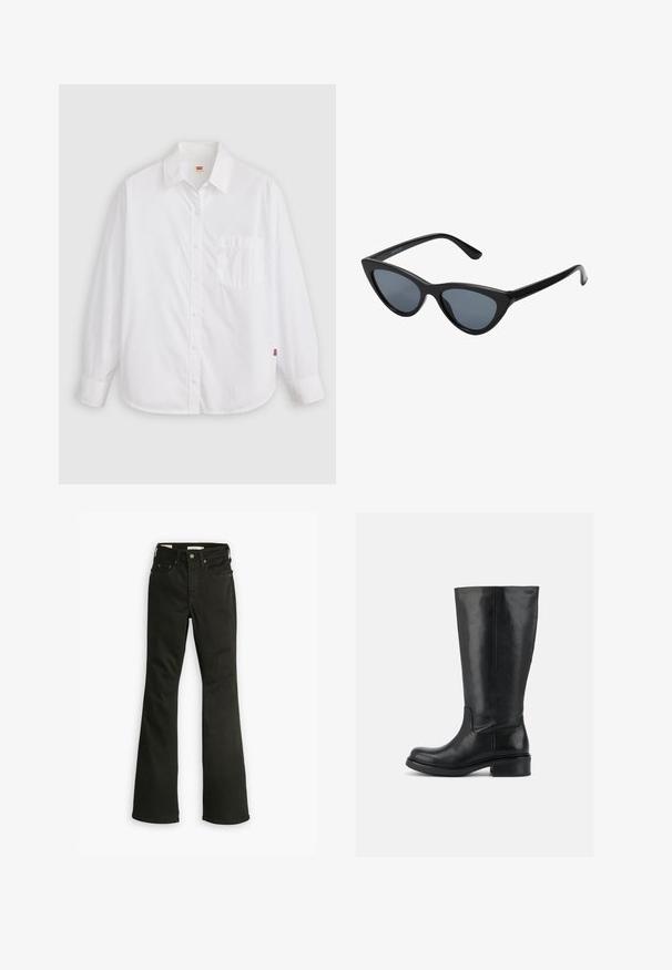 Chemise blanche à manches longues avec boutons, col et poche poitrine gauche, présentée à plat sur un fond clair.; Jeans évasés noirs en denim. Comprend un design classique à cinq poches avec une fermeture éclair, une couture robuste et un ourlet propre.; Bottes hautes en cuir noir avec talon bloc bas et bout arrondi, dessus lisse avec coutures minimales sur fond uni.; Lunettes de soleil noires en forme d'œil de chat avec des verres gris foncé, monture en plastique élégante, coins pointus et branches droites. Pas de métal visible ni d'accents.