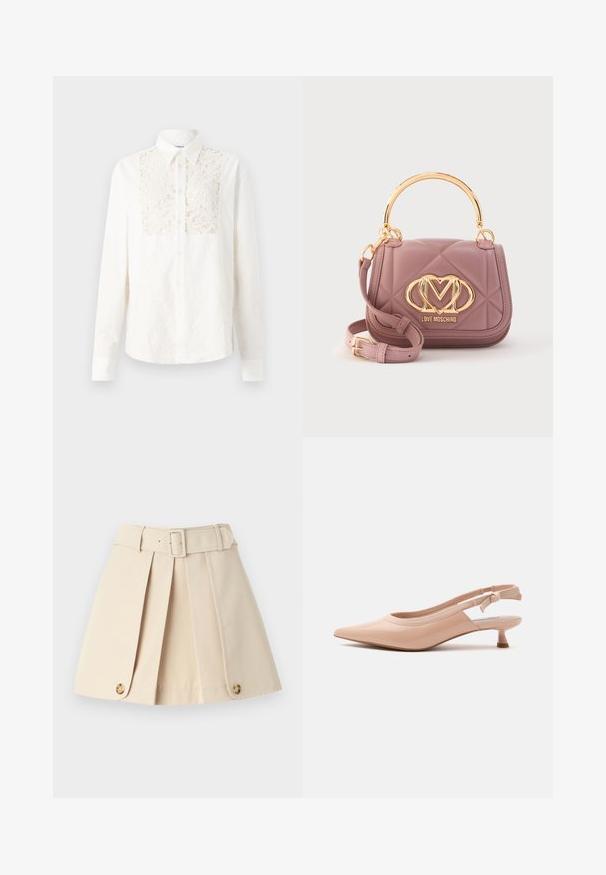 Soulland RADO SHIRT - Bluza s gumbima - off white; Bežana plisirana suknja s pripijenim strukom, širokim petljama za remen i gumbima na rubu. Izrađena od glatkog, laganog materijala.; Bež lakirana kožna slingback cipela šiljastog vrha s niskom kitten petom i elastičnom trakom s diskretnim brendiranjem.; Jastučeća ljubičasta torba s gornjom ručkom od zlatnog metala, zlatnim logoom Love Moschino i podesivim ljubičastim remenom za rame sa zlatnom kopčom.
