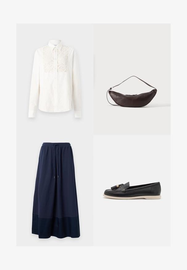 Soulland RADO SHIRT - Overhemdblouse - off white; Navyblauwe maxi rok van zachte stof, met een elastische tailleband en een trekkoord, en een donkerdere blauwe paneel aan de zoom.; Zwarte leren instapper met een platte crème-kleurige zool, voorzien van een kwastje en contrasterende stiksels langs de rand.; Donkerbruine leren schoudertas in halve maan vorm met een gebogen band en zichtbare stiksels op een effen achtergrond.