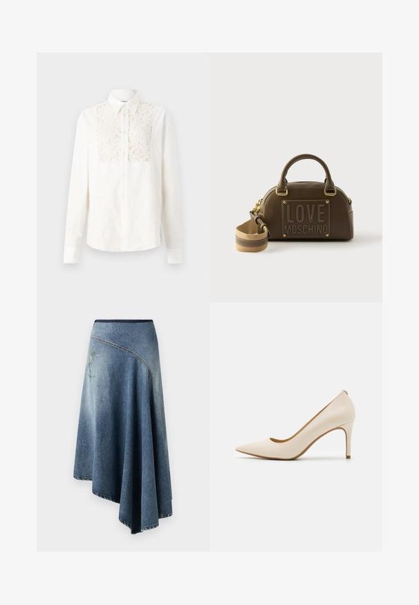 Soulland RADO SHIRT - Hemdbluse - off white; Denim-Wickelrock in einem hellen bis dunklen Blauton-Gradient, mit einem gestickten Blumenmuster auf einer Seite und sichtbaren Stichdetails entlang der Ränder.; Beige hochhackige Pumpe mit spitzer Zehenform, glattem Lederoberteil und schlankem Stiletto-Absatz. Verfügt über eine tief ausgeschnittene Vorderseite und keine sichtbare Hardware.; Braune Lederhandtasche mit abgerundeter Form, vorderseitigem Logopatch "LOVE MOSCHINO", goldfarbenen Beschlägen, doppelten Griffen und verstellbarem Schulterriemen.