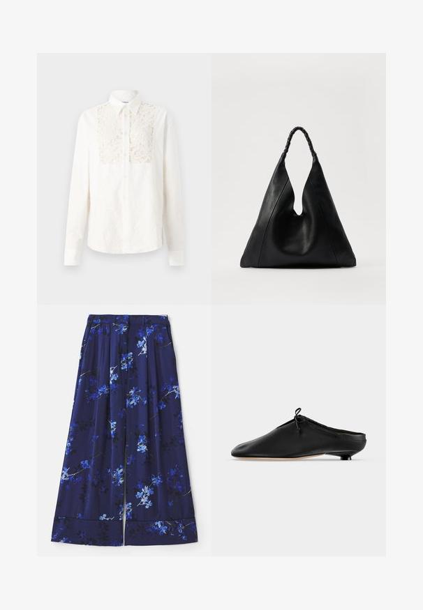Soulland RADO SHIRT - Paitapusero - off white; Laivatuntemuksen sininen hame, jossa on kukkakirjonta, jossa on sinisiä ja valkoisia kukkia. Kangas on sileä ja siinä on laskokset ja leveä helma.; Musta nahkainen slip-on-möhkö, jossa pieni pyöreä korko ja solmittu rusetti lähellä yläreunaa, esitetty sivuprofiilissa.; Mustan nahkalaukun ainutlaatuinen V-muotoinen aukko, jossa on punottu kahva ja teksturoitu pinta. Minimalistinen muotoilu pehmeillä kaarilla.