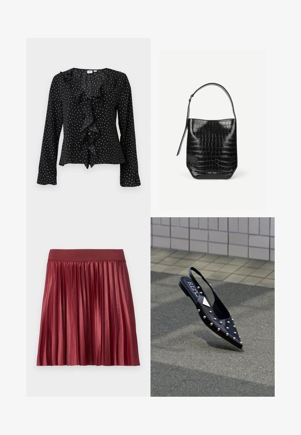 Blusa negra de manga larga con lunares blancos, detalles fruncidos en el frente y cuello en V de la marca GAP.; Falda plisada hecha de un tejido burdeos brillante con una cintura ancha y elástica. La longitud es por encima de la rodilla y presenta pliegues verticales en toda su extensión.; Zapato slingback negro con punta, hecho de material liso, con tachuelas plateadas, suela plana y un logo en la plantilla.; Bolso tipo saco de piel negra con relieve de cocodrilo, con una sola correa para el hombro y un pequeño logo de la marca en plata en el centro inferior frontal.