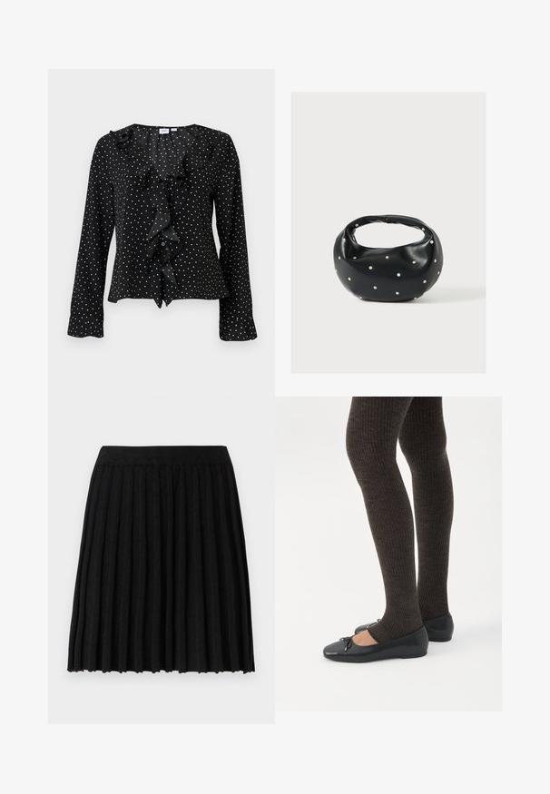 Sort bluse med lange ærmer og hvide polkaprikker, med flæsedetaljer foran og en v-udskæring fra mærket GAP.; Vero Moda Knitted VMMARINA Short - Mini skirts - black; Ben iført mørke ribbede leggings kombineret med sorte balletsko med små sløjfedetaljer på hvid baggrund.; Sort læderhåndtaske med en rundet form, dekoreret med sølvnitter, og et kort håndtag. Glat tekstur og lynlåslukning.