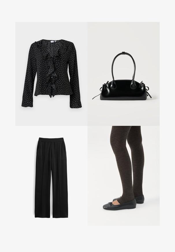Schwarze Bluse mit langen Ärmeln und weißen Punkten, vorderseitigen Rüschen und V-Ausschnitt vom Markenlabel GAP.; Schwarze weit geschnittene Hose aus weichem Stoff, mit einem glatten Bund, zwei Seitentaschen und genähten Vorderfalten für zusätzliche Details.; Beine in dunklen, gerippten Leggings kombiniert mit schwarzen Ballerinas mit kleinen Schleifendetails auf weißem Hintergrund.; Kleine schwarze glänzende Handtasche mit zwei langen Griffen und seitlichen Kordelzug-Details vor einfachem hellem Hintergrund.