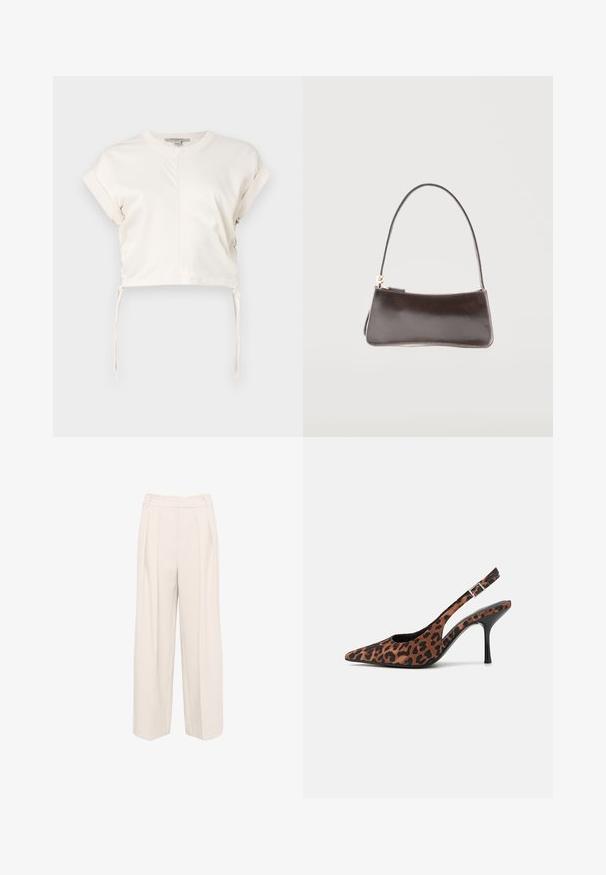 Cremefarvet cropped top lavet af glat stof, med rund halsudskæring, korte ærmer og justerbare sidebånd. Enkelt, rent design.; Vide benbukser i en lys beige farve. Fremstillet af et blødt, struktureret stof med dobbelt plisseringer og en høj talje design.; Slyngehæle med leopardmønster og spids tå, sort blank hæl og justerbar ankelrem. Blødt materiale med en tekstureret finish.; Lille rektangulær mørkebrun lædertaske med en enkelt rem og guldlåselukning.