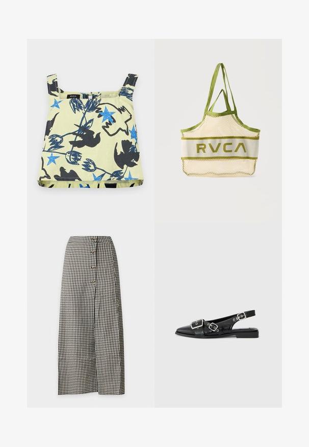 Mouwloos beige crop top met blauwe sterren, zwarte vogelzilen en abstracte bloemenpatronen.; Zwart-wit geruite midi-rok met knoopsluiting aan de voorkant en een rechte, licht uitlopende snit.; Zwart leren slingback schoen met een spitse neus, twee zilveren gespen en een lage blokhak. Bevat een gemêleerde bovenkant en een open achterkant.; Beige gaas draagtas met olijfgroene rand en handvatten, met het "RVCA"-logo over het middenpaneel op een effen achtergrond.