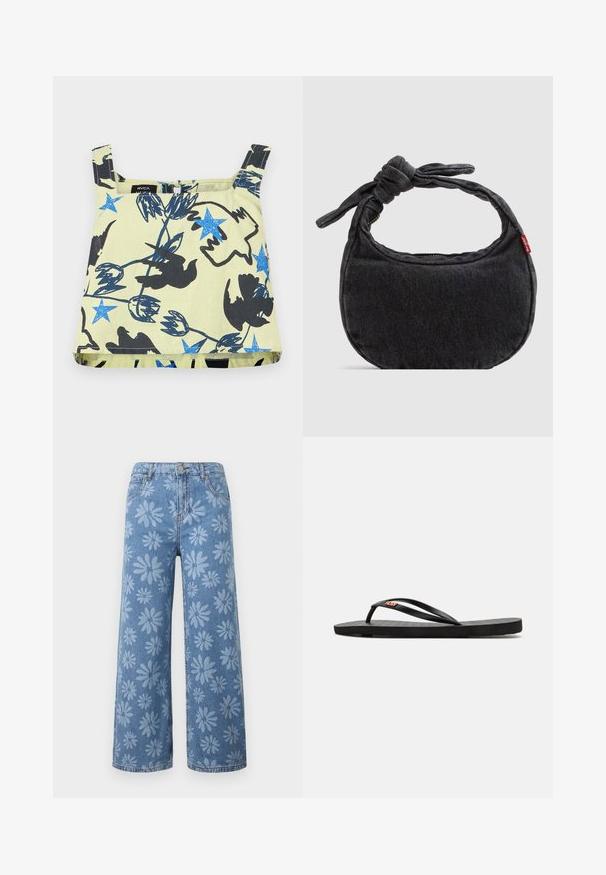 Top corto beige sin mangas con estrellas azules, siluetas de pájaros negros y patrones florales abstractos.; Vaqueros anchos de pierna ancha en denim azul con patrón floral de margaritas en azul claro, bolsillos frontales, trabillas para cinturón y cierre con botón.; Chanclas negras con suela plana, que presentan correas delgadas y una plantilla texturizada. Pequeño logo en la correa. Diseño simple y minimalista.; Bolso pequeño de hombro de mezclilla negra con correa anudada y cierre de cremallera, con una etiqueta de tela roja de Levi's en el lateral.