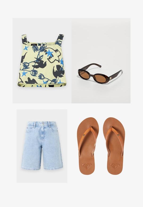 Mouwloos beige crop top met blauwe sterren, zwarte vogelzilen en abstracte bloemenpatronen.; Lichtblauwe denim shorts met knoop aan de voorkant, ritssluiting, riemlussen en zijzakken, tegen een effen witte achtergrond.; Bruine synthetische flip-flops met oranje banden, een gestructureerd oppervlak en een reliëf hartlogo op de zool.; Bruine schildpadzonnebril met ovale lenzen, met een dunne montuur en een kleine metalen accent aan de zijkant. Geverfd en gepolijst afwerking.