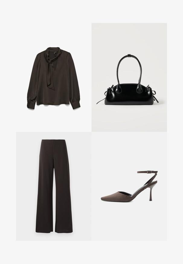 Blouse à manches longues marron foncé avec un détail noué au niveau du cou, tissu satin lisse, poignets boutonnés et découpe subtile en V.; Pantalons larges noirs en tissu lisse et extensible. Ils présentent une taille haute et un design épuré et minimaliste sans fermetures visibles.; Chaussure à talon haut en daim marron à bout pointu, avec une fine bride de cheville et une boucle argentée sur fond blanc.; Petit sac à main noir brillant avec deux longues anses et des détails à cordon sur les côtés sur un fond clair uni.