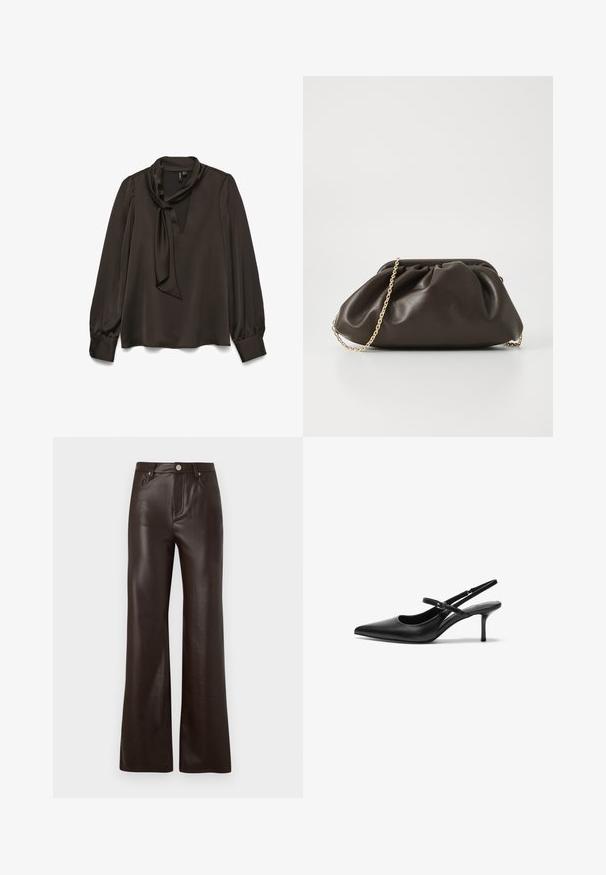 Donkerbruine blouse met lange mouwen en een strikdetail bij de hals, gemaakt van glad satijnstof, met knoopmanchetten en een subtiele V-hals.; Vero Moda Wide-leg VMTESSA High rise - Broek - chocolate torte; Zwarte leren slingback hakken met een puntige neus, slanke verstelbare band en een ongeveer 5 cm hoge stiletto hak, met een gladde textuur.; Bruine leren handtas met een geaccentueerd ontwerp, gouden kettinghengsel en een zachte, textuurafwerking. Compacte vorm geschikt voor avondgebruik.