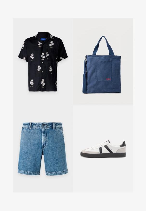 Schwarz Kurzarmhemd mit einem floralen Muster aus weißer und goldener Stickerei, Knopfverschluss und einer Brusttasche. Strukturierter Stoff.; Denim-Shorts in Hellblau mit lässiger Passform. Verfügt über das standardmäßige Fünf-Taschen-Design, einen Knopfverschluss und gesäumte Kanten mit subtiler Ausbleichung.; Weiße Sneaker mit schwarz- und grau-aczenten, ausgestattet mit einer strukturierten grauen Zehenkappe, schwarzer Gummi-Sohle und flachen weißen Schnürsenkeln. Sauberes Design, minimalistische Stil.; Blauer Canvas-Einkaufstasche mit Vordertasche und roter "O.N.S" Stickerei, ausgestattet mit zwei Griffen und einem verstellbaren Schulterriemen.