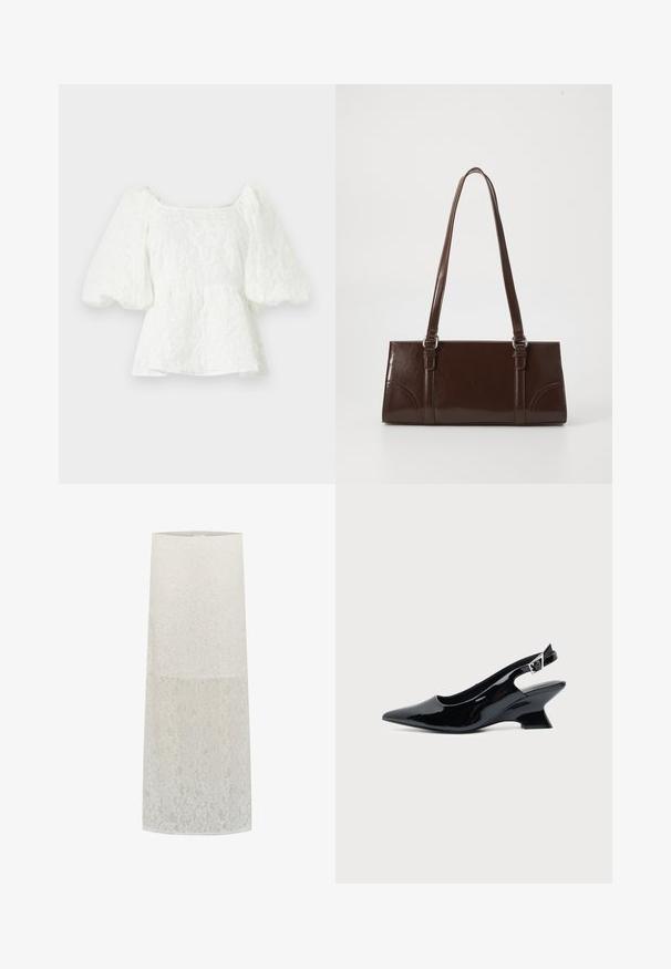 Blouse blanche texturée avec un décolleté carré et des manches bouffantes. Dispose d'une taille peplum, mettant en valeur un motif floral.; Abat-jour en dentelle blanc, de forme cylindrique avec un motif floral, texture transparente, et bord supérieur lisse. S'adapte à un support d'ampoule standard.; Chaussure slingback en cuir verni noir avec bout pointu et petit talon bloc incliné sur fond clair uni.; Sac à main en cuir verni marron de forme rectangulaire, avec deux longues poignées et des accents courbés subtils à l'avant.