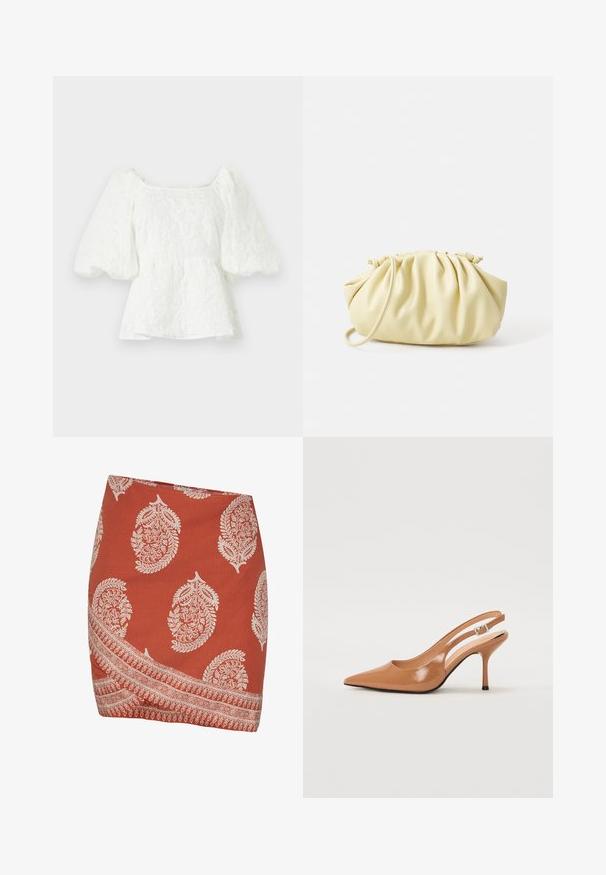 Witte, gestructureerde blouse met een vierkante halslijn en opgeblazen mouwen. Heeft een peplum taille en toont een bloemenpatroon door het hele ontwerp.; Roestkleurige rok met witte paisley- en bloempatronen. Heeft een diagonale zoom en een ingewikkeld randontwerp langs de onderrand.; Puntige slingback hak in een glad, glanzend beige materiaal. Bevat een gebogen uitsnijdontwerp en een slanke stiletto hak. Zilveren gesp detail.; Geel geplooide handtas van soepel nepleer, met een zachte vorm, een enkele schouderriem en een verzameld ontwerp aan de bovenkant.