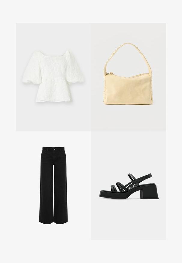 Hvid, tekstureret bluse med firkantet halsudskæring og pufærmer. Har en peplum talje, der viser et blomstermønster hele vejen igennem.; Sorte vidde denimbukser med høj talje, der har en frontknaplukning, to sidelommer og et klassisk femlomme-design.; Sorte hælede sandaler med flere tynde stropper og en bred blokhæl. Slank design med en mat overflade. Sålens fodbed har en let kurve.; Lille beige læderhåndtaske med en enkelt rem og sølvnitter langs kanterne og remmen, sat mod en ensfarvet baggrund.