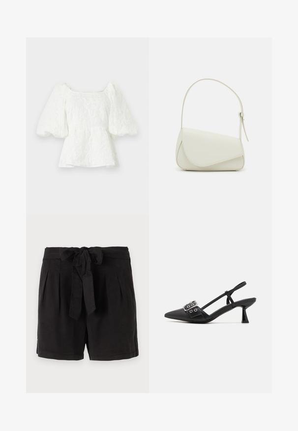 Weiße, strukturierte Bluse mit quadratischem Ausschnitt und puffärmel. Sie hat eine Peplum-Taille und zeigt ein florales Muster. ; Schwarze Baumwollshorts mit einem Bindegürtel in der Taille, Falten an der Vorderseite und Seitentaschen. Glatte Textur und lässiges Design.; Simmi London DALA - Pumps - black; Weiße Kunstleder-Handtasche mit einer strukturierten dreieckigen Form, einem verstellbaren Einzelgurt und einem Klappenverschluss mit geschwungenen Akzenten.