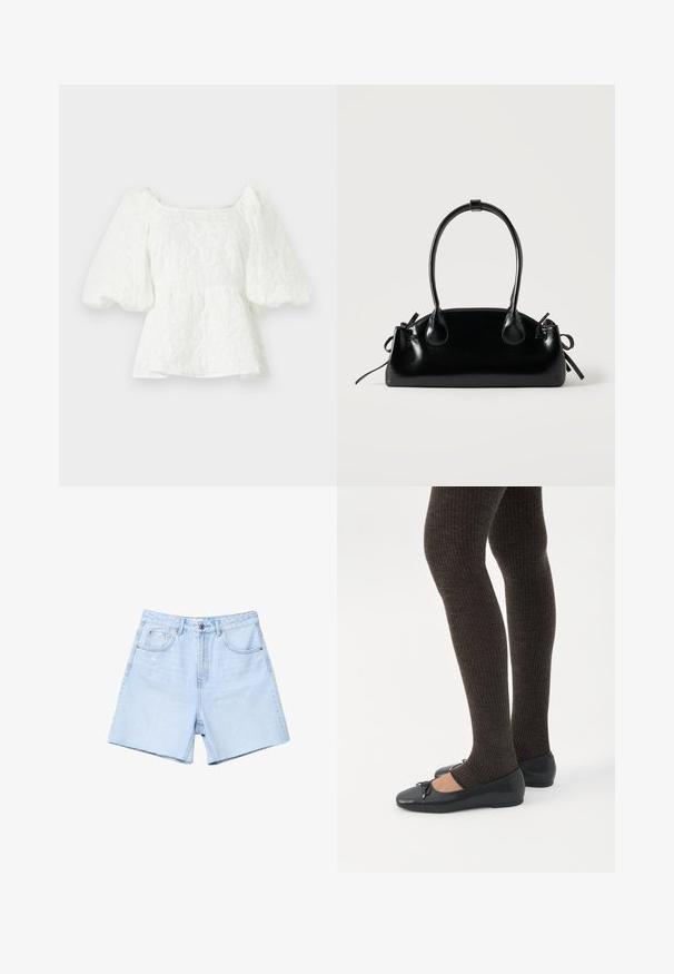 Hvid, tekstureret bluse med firkantet halsudskæring og pufærmer. Har en peplum talje, der viser et blomstermønster hele vejen igennem.; Lys blå denimshorts med høj talje, flad front, fem lommer og rå kant. Stoffet er let slidte med subtle falmede detaljer.; Ben iført mørke ribbede leggings kombineret med sorte balletsko med små sløjfedetaljer på hvid baggrund.; Lille sort blank håndtaske med to lange håndtag og snøre-detaljer i siden på en ensfarvet lys baggrund.