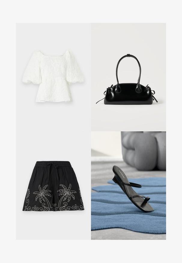Weiße, strukturierte Bluse mit quadratischem Ausschnitt und puffärmel. Sie hat eine Peplum-Taille und zeigt ein florales Muster. ; Schwarze Baumwollshorts mit elastischem Bund und Kordelzug. Verziert mit weißen, gestickten Palmen-Designs entlang des Saums.; Schwarze Riemchensandale mit Zehenring, auf einem blau strukturierten Teppich präsentiert, mit einem großen grauen Dekorationsobjekt unscharf im Hintergrund.; Kleine schwarze glänzende Handtasche mit zwei langen Griffen und seitlichen Kordelzug-Details vor einfachem hellem Hintergrund.